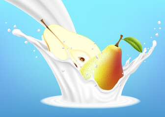 Realistic tropical whole and half sliced pear and splash of milk illustration isolated on blue background. Natural cosmetic, yogurt or fruit and milk cocktail vector concept.