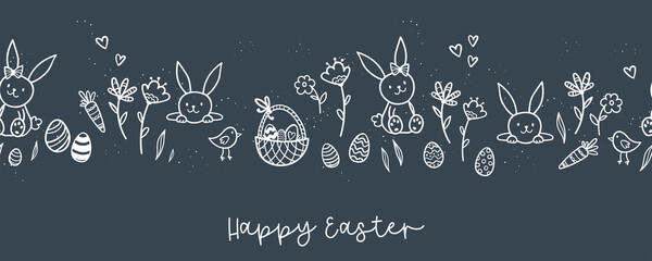 Cute hand drawn Easter horizontal seamless pattern with bunnies, flowers, easter eggs, beautiful background, great for Easter Cards, banner, textiles, wallpapers - vector design