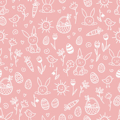 Cute hand drawn Easter horizontal seamless pattern with bunnies, flowers, easter eggs, beautiful background, great for Easter Cards, banner, textiles, wallpapers - vector design