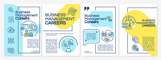 Fototapeta na wymiar Business management careers blue and yellow brochure template. Booklet print design with linear icons. Vector layouts for presentation, annual reports, ads. Questrial, Lato-Regular fonts used