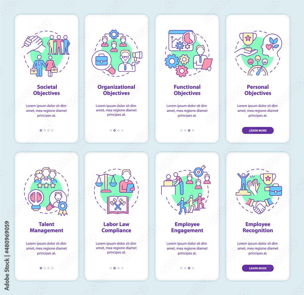Poster hr and business management onboarding mobile app screen set. walkthrough 4 steps graphic instruction