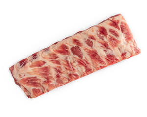 Closeup of raw spare lamb ribs on white isolated studio background. Barbecue uncooked pork