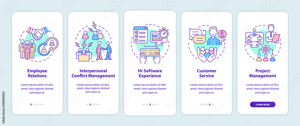 Poster skills for human resources manager onboarding mobile app screen. walkthrough 5 steps graphic instruc