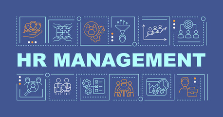 HR management word concepts dark blue banner. Recruitment process. Infographics with linear icons on background. Isolated typography. Vector color illustration with text. Arial-Black font used