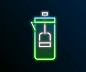 Glowing neon line French press icon isolated on black background. Colorful outline concept. Vector