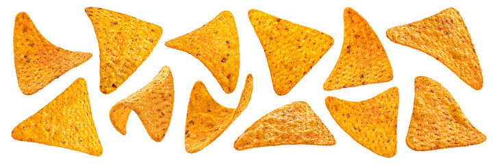 Corn chips, hot mexican nachos isolated on white background  - obrazy, fototapety, plakaty