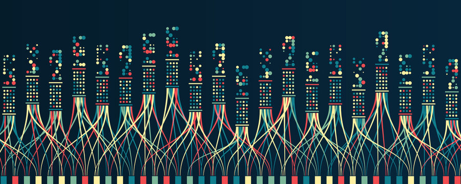 Big data visualization. A dynamic array of information. Data sorting process. Big data stream futuristic infographics. File structuring, machine learning.