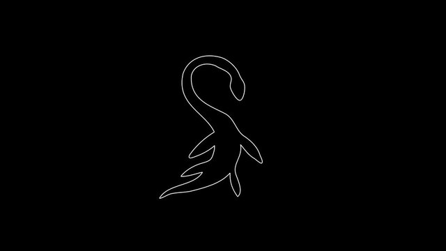 white linear Loch Ness monster silhouette. the picture appears and disappears on a black background.