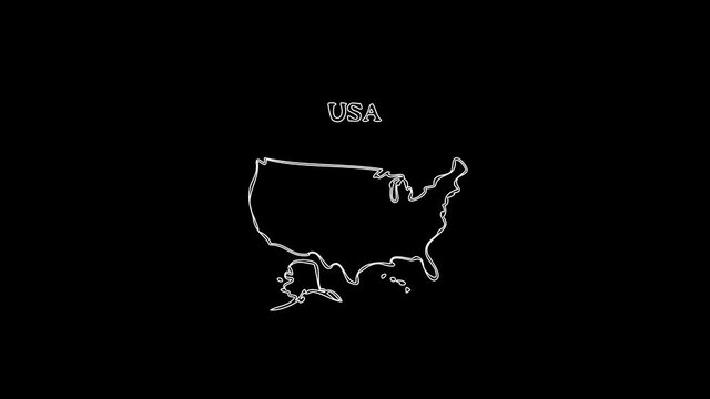 white linear USA silhouette. the picture appears and disappears on a black background.