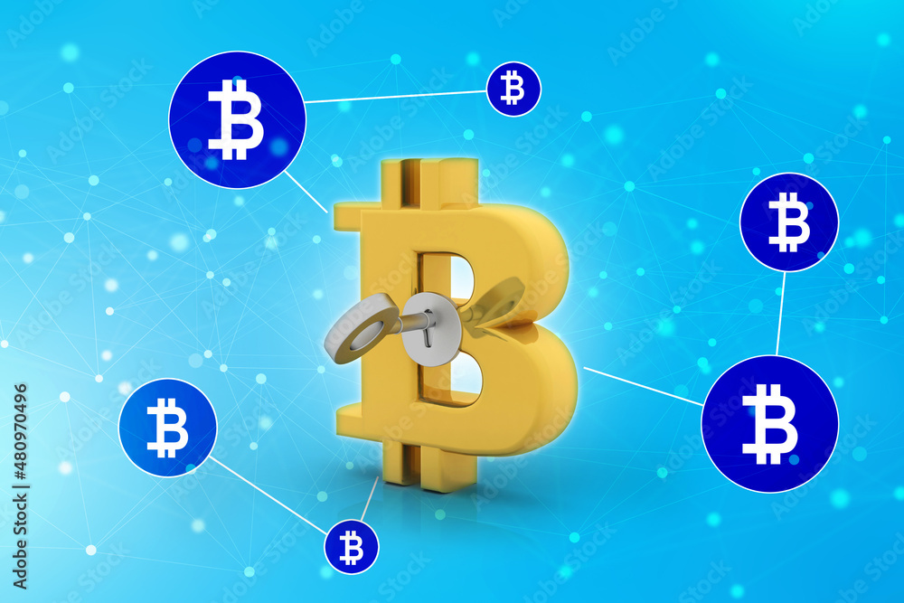 Aufkleber 3d rendering bitcoin sign with key concept