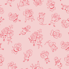 Vector pink seamless pattern with cupids. Delicate endless background for Valentines day. Cute fashion love print