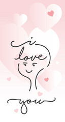 I love you handwritten typography inside cute line design in love boy face heart with some pink hearts greetings for banner social media mobile background image and poster Valentine's day