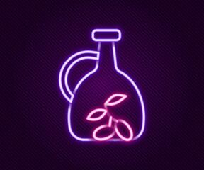 Glowing neon line Bottle of olive oil icon isolated on black background. Jug with olive oil icon. Colorful outline concept. Vector