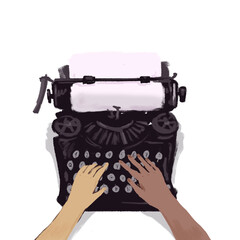 Typewriter hands people race typing together work together paper vintage illustration isolated white background sketch