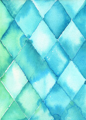 Background rhombus watercolor pattern green blue blurred texture paper stain spring geometric ethnic