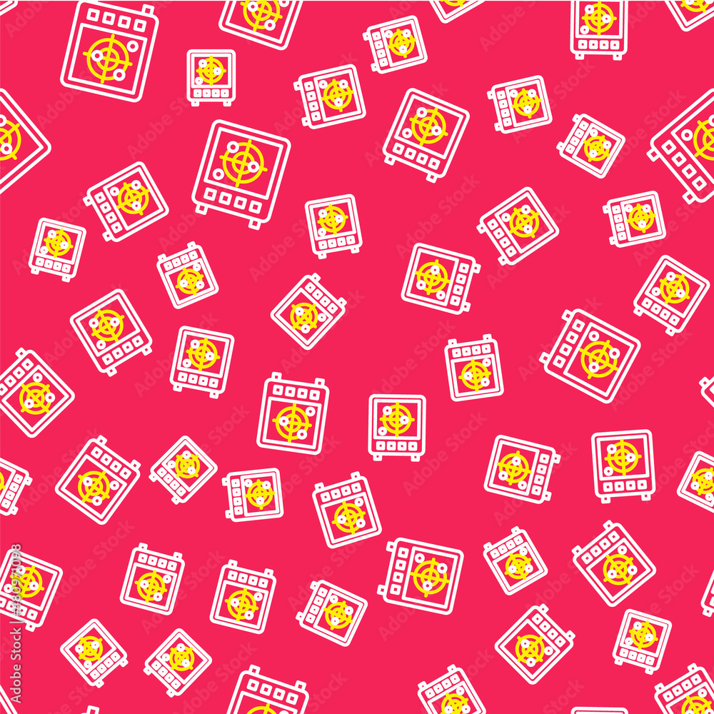 Poster line radar with targets on monitor in searching icon isolated seamless pattern on red background. se