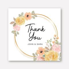Greeting card watercolor yellow rose with golden frame