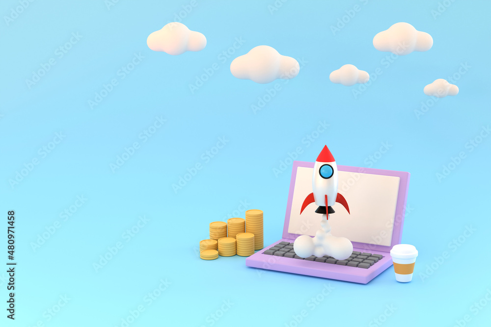 Poster notebook computer and coins, a rocket soared up on sky. concept business startup.