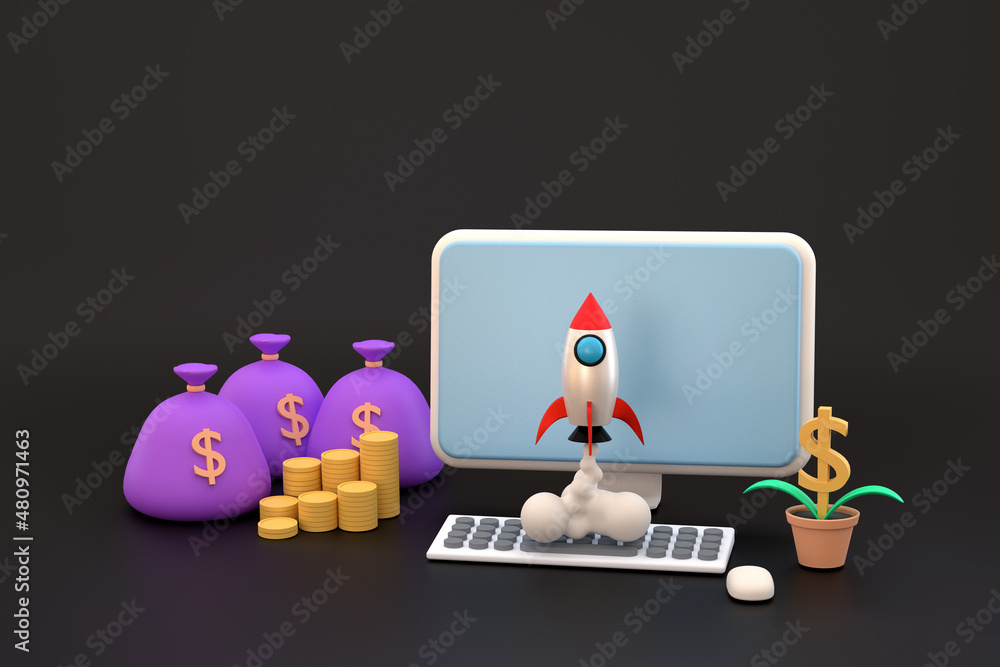 Poster computer and a pile of coins with a bag of money. a rocket soared up on sky. business idea.