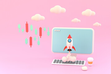 computer and stock chart, A rocket soared up on sky. concept  business financial.