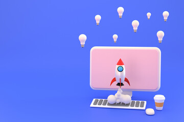 computer and light bulb, A rocket soared up on sky. business idea.