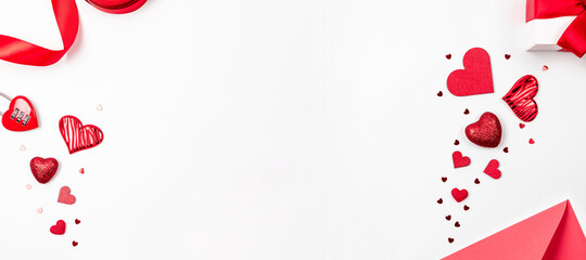 Valentine heart background. Red heart, romantic gift on love white background with copy space. Valentines day decoration for flatlay background.