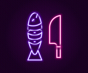 Glowing neon line Fish with sliced pieces with knife icon isolated on black background. Colorful outline concept. Vector