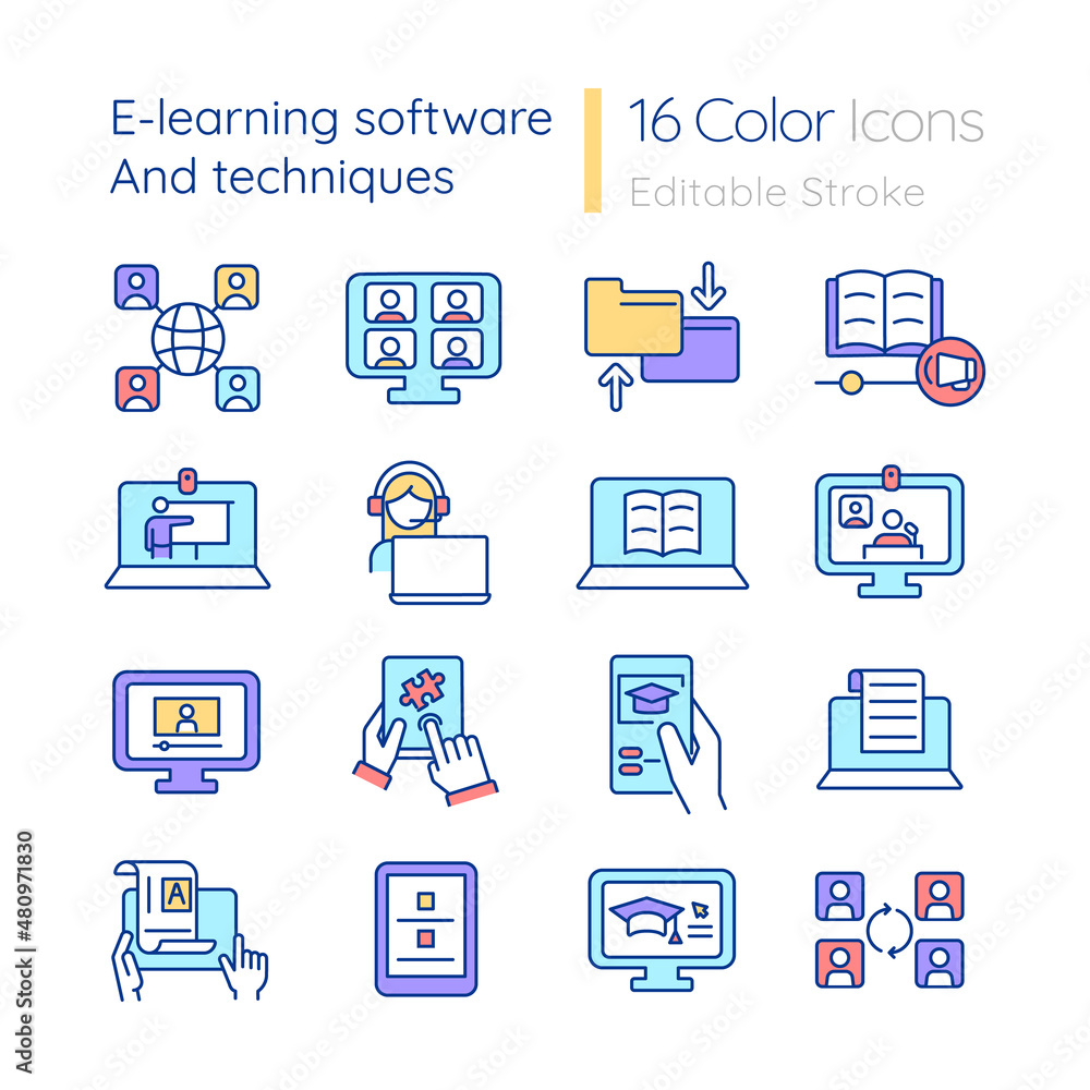 Poster elearning software and techniques rgb color icons set. online education. isolated vector illustratio