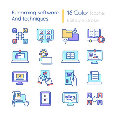 Elearning software and techniques RGB color icons set. Online education. Isolated vector illustrations. Simple filled line drawings collection. Editable stroke. Quicksand-Light font used