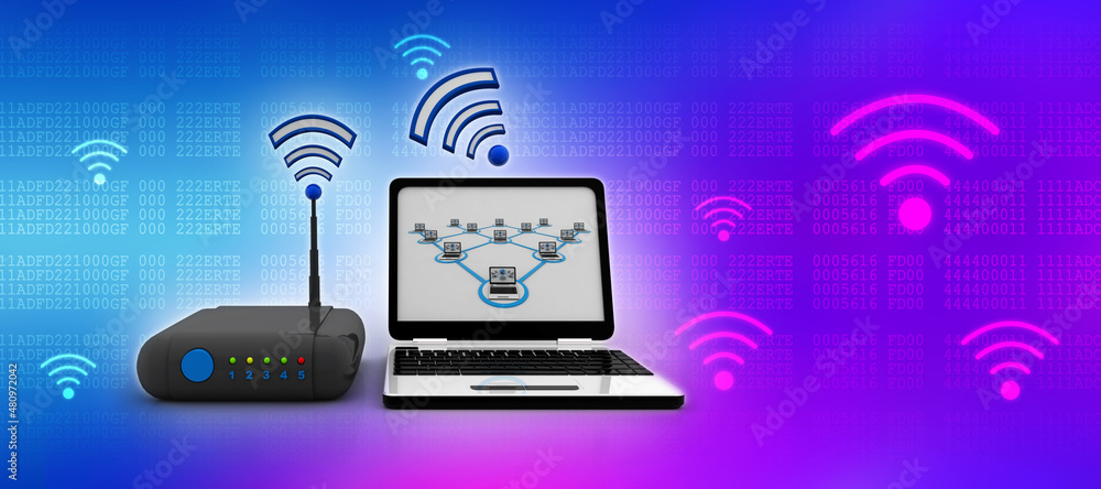Poster 3d rendering transmitter wi-fi modem with laptop