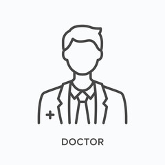 Doctor flat line icon. Vector outline illustration of medical person. Black thin linear pictogram for hospital specialist