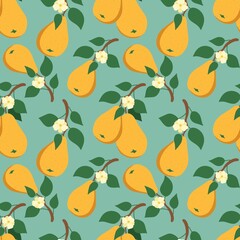 Seamless pattern with yellow pear. Fruit background. Vector print for fabric and wallpaper. Cartoon style, flat design. All elements are isolated. Square poster.