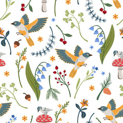 Fototapeta premium Woodland birds vector seamless pattern. Forest flora and birds background on white