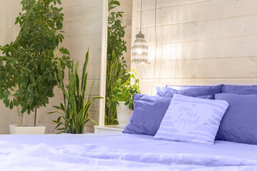 Biophilic design and plants. Scandinavian style bedroom interior in trendy colors of the year 2022