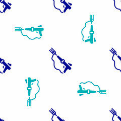 Blue Fishing harpoon icon isolated seamless pattern on white background. Fishery manufacturers for catching fish under water. Diving underwater equipment. Vector