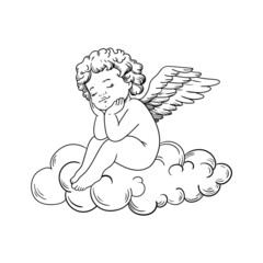 vector illustration line angel cloud wings child