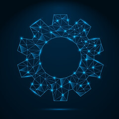 Futuristic glowing low polygonal gear symbol. Cogwheel sign with connection lighting dots. Cyber settings technology concept. Vector isolated on dark blue background.
