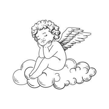 vector illustration line angel cloud wings child