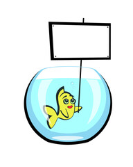 Fototapeta premium Goldfish holding a blank banner in a bowl.
