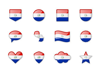 Paraguay - set of shiny flags of different shapes.