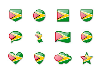 Guyana - set of shiny flags of different shapes.