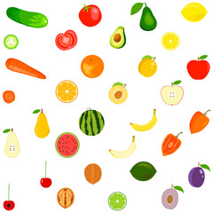Vegetables and fruits, whole and cut in half. Part of a vegetable or fruit isolated on a white background. Big set of fruits. Vector illustration.
