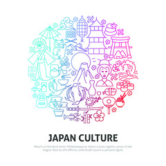 Japan Culture Circle Concept. Vector Illustration of Outline Design.