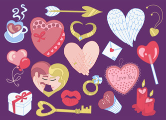 Vector set of Valentine's Day drawings with heart shape: wings, arrow, envelope, rings, pendant, necklace, gift, lips, couple, key, lollipop, candy box, candles, balloons, cup, cupcake, hands.