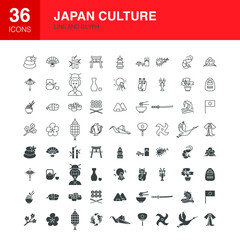 Japan Line Web Glyph Icons. Vector Illustration of Oriental Outline and Flat Symbols. 