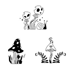 Mystical mushrooms set, magic line celestial mushroom, snail, stars and planets, witchy esoteric objects, floral mystical. Black and white vector illustration