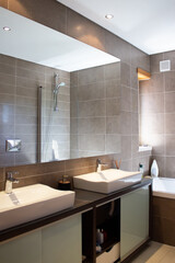 Lovely modern bathroom design. Master bathroom in new construction home. Real estate, housing concept