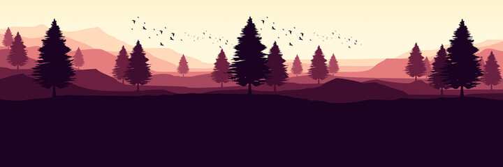 sunset nature mountain forest vector illustration for web banner, blog banner, wallpaper, background template, adventure design, tourism poster design, backdrop design