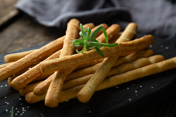 Crispy bread sticks with salt and rosemary