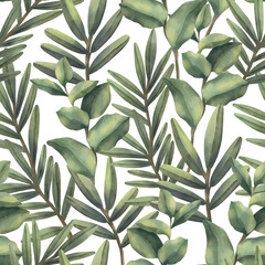 Watercolor tropical branch seamless pattern isolated on white background. Hand drawn watercolor illustration. Green leaves and branch